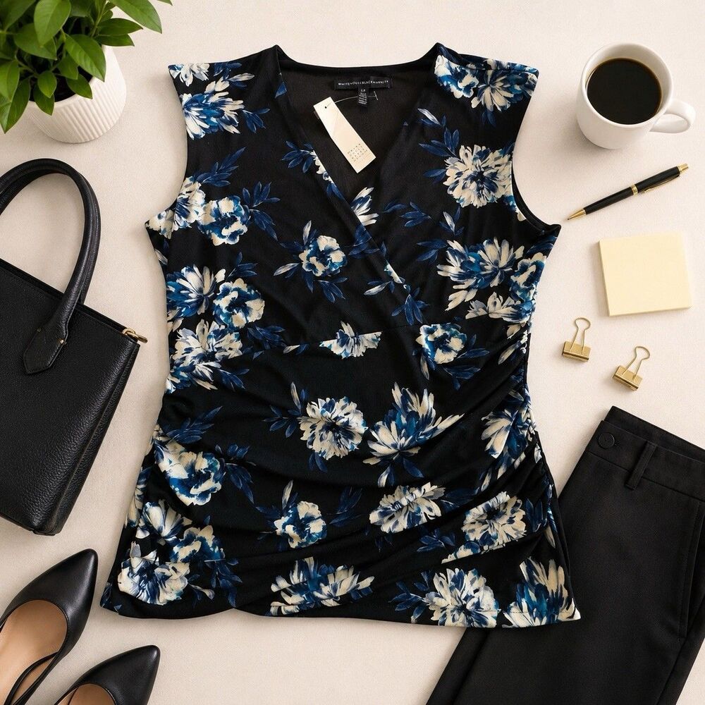 NWT WHBM Floral Faux Wrap Ruched Sleeveless Top LP Career Office Work